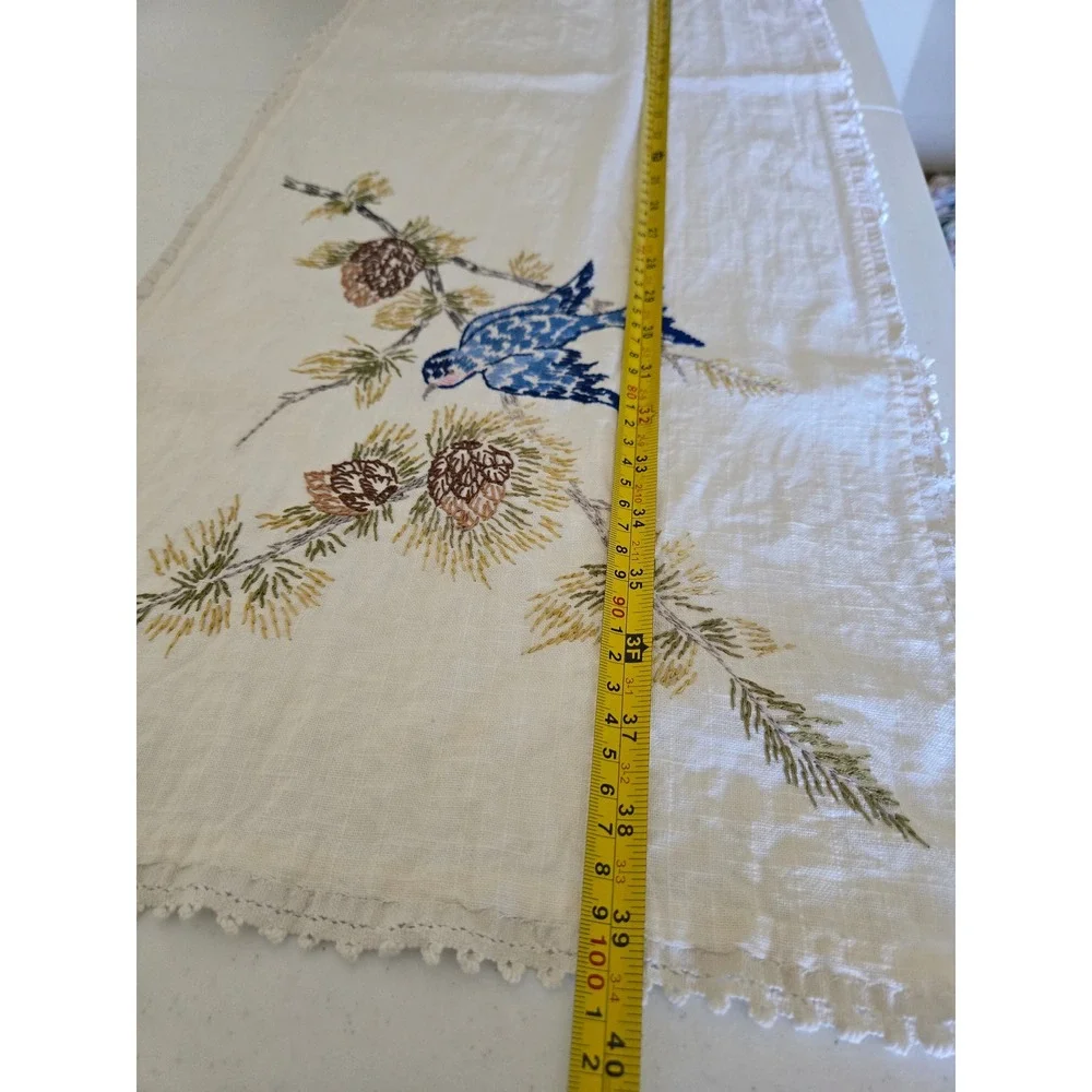 Vintage Hand Embroidered Table Runner Blue Bird Pinecone Lace 13x40 White